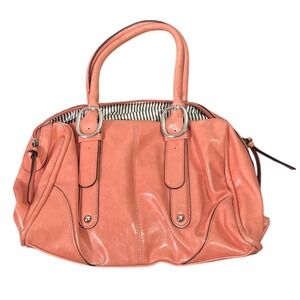Stylish Coral Pink Faux Leather Satchel Handbag Striped Lining Silver Hardware